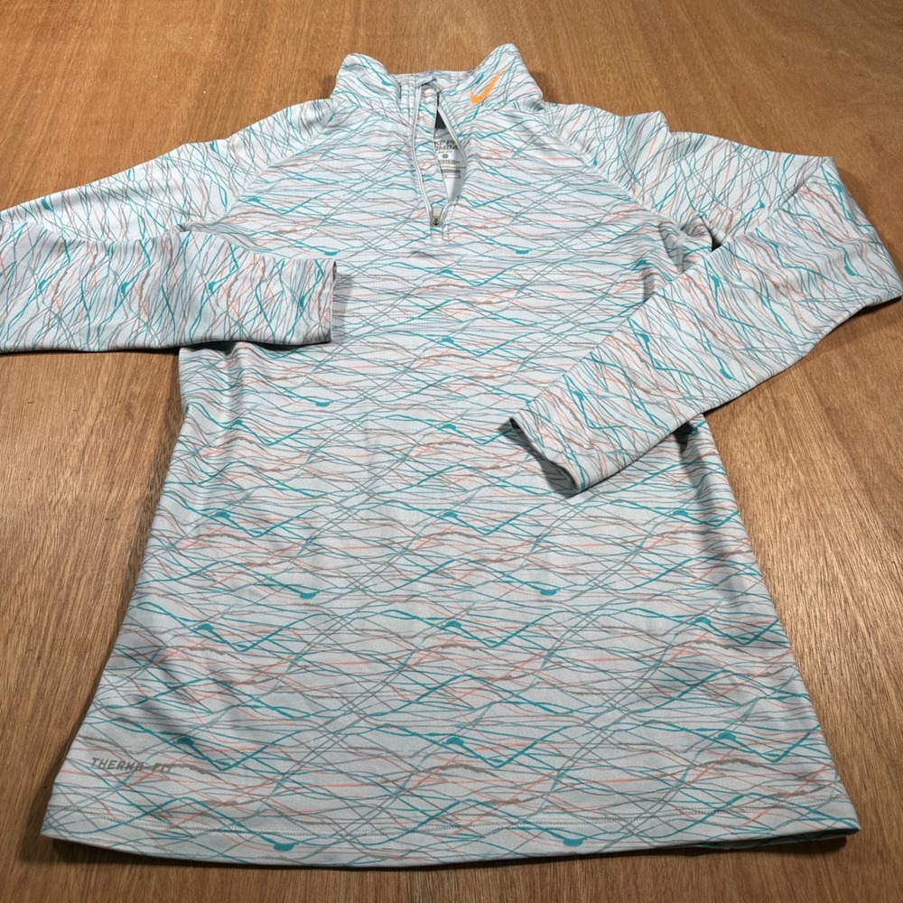 Nike Pro Combat Hyperwarm Top Women Large Gray Teal Orange 1/4 Zip Pullover